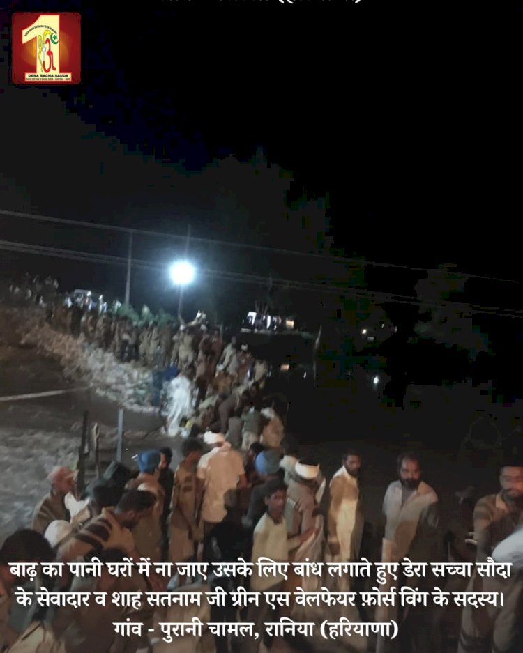 Fueled by the spirit to serve mankind, 2000 Dera Sacha Sauda volunteers forge a 20-feet deep sandbag embankment in the Ghaggar River to save flood victims